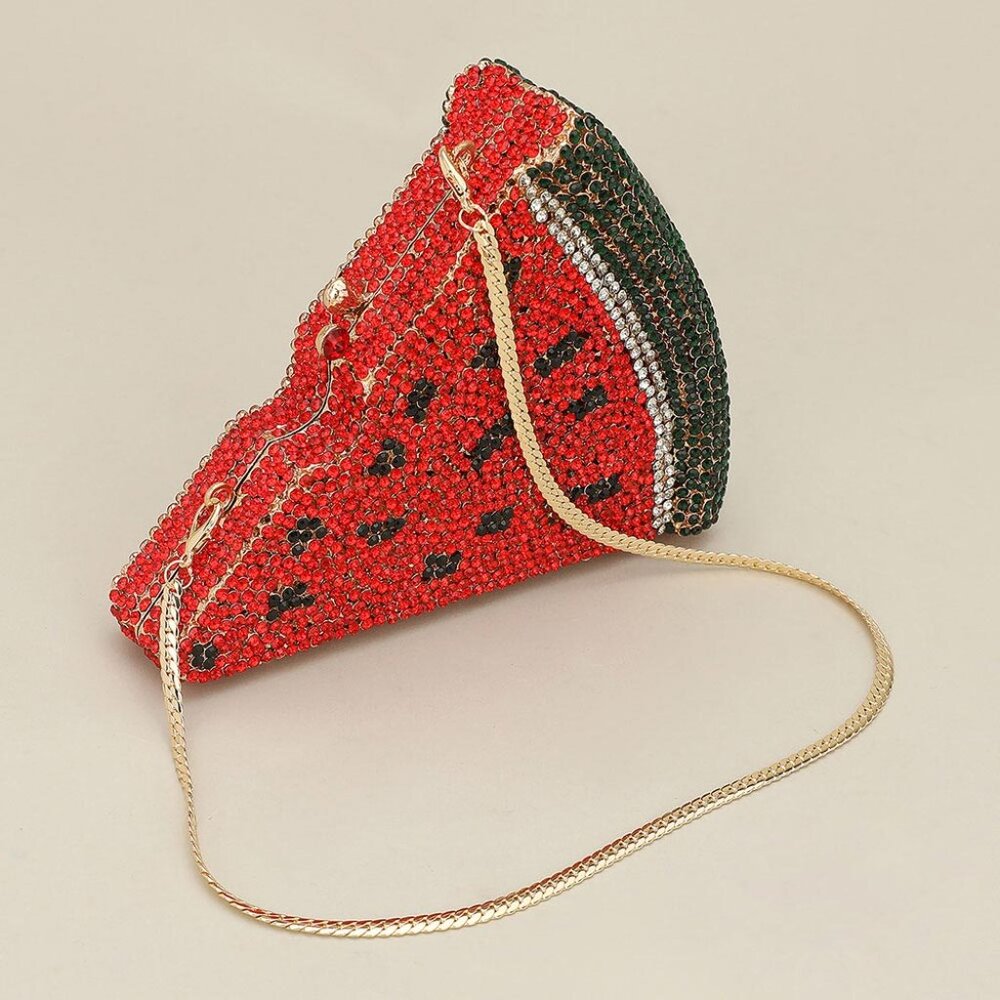 Crystal Watermelon Slice Rhinestone Clutch with Gold Chain
